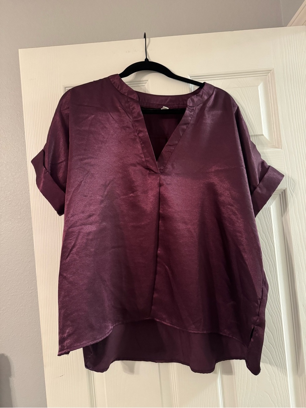 glam Plum Satin Split-Neck Short Sleeve Blouse